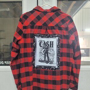 Red Plaid Flannel womens shirt, size XL, with custom Johnny Cash image on back